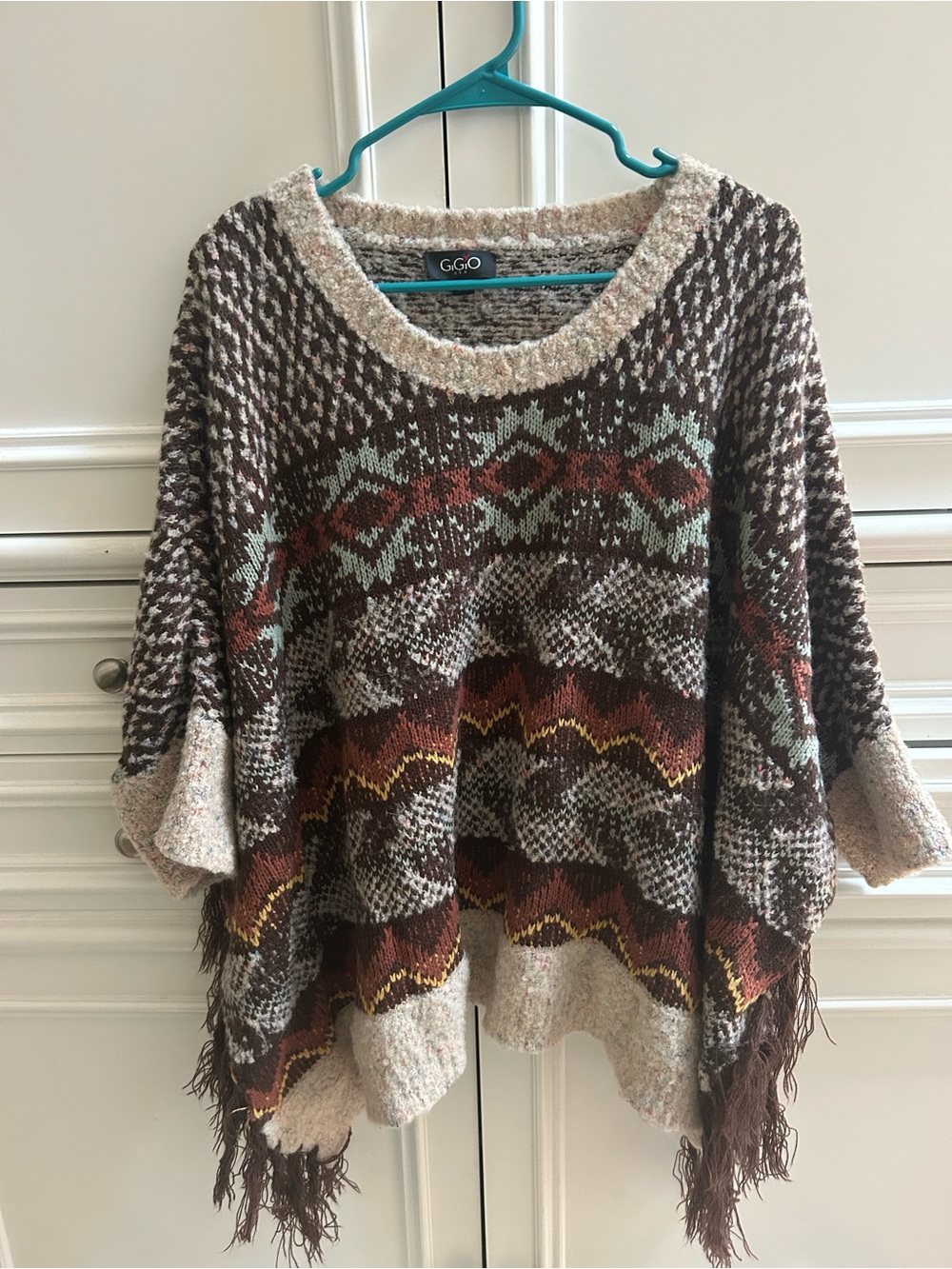 Three Bird Nest Textured Multicolor Fringe Sweater Poncho - Brown - Picture 2 of 4